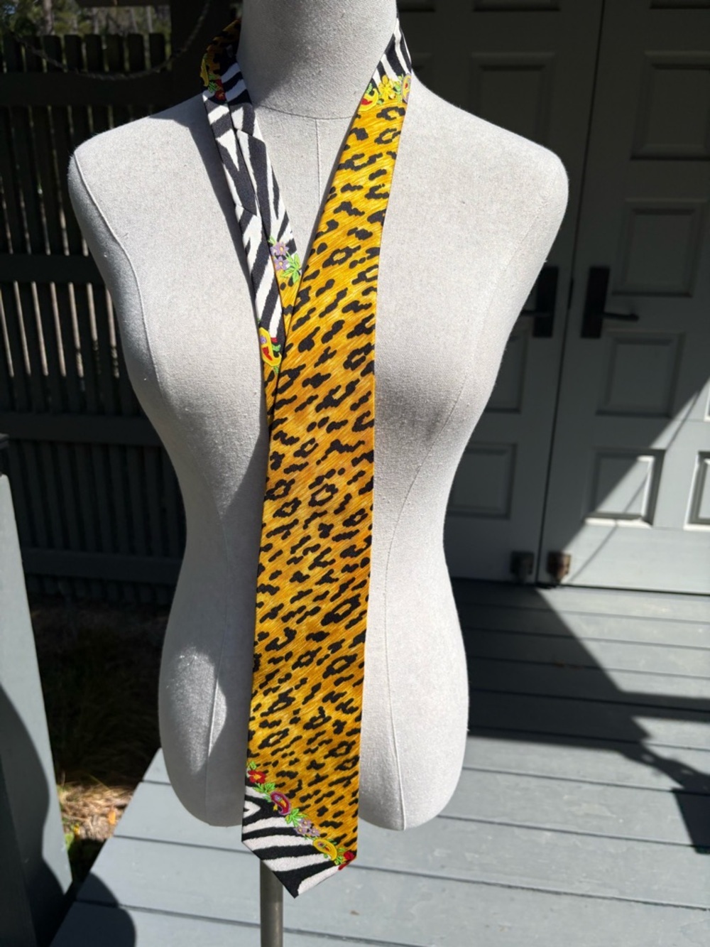 Gianni Versace Leopard Print Silk Tie with Black, White & Yellow Floral Accents